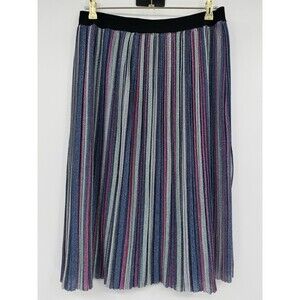 Unique Vintage Micro Pleated Metallic Multi Stripe Full Midi Skirt M Retro Glam
